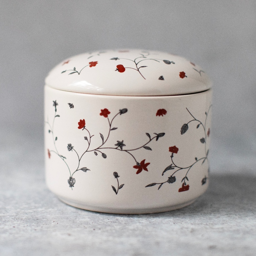IKEA Boasjö white red floral canister with lid ceramic 3.5 inches tall